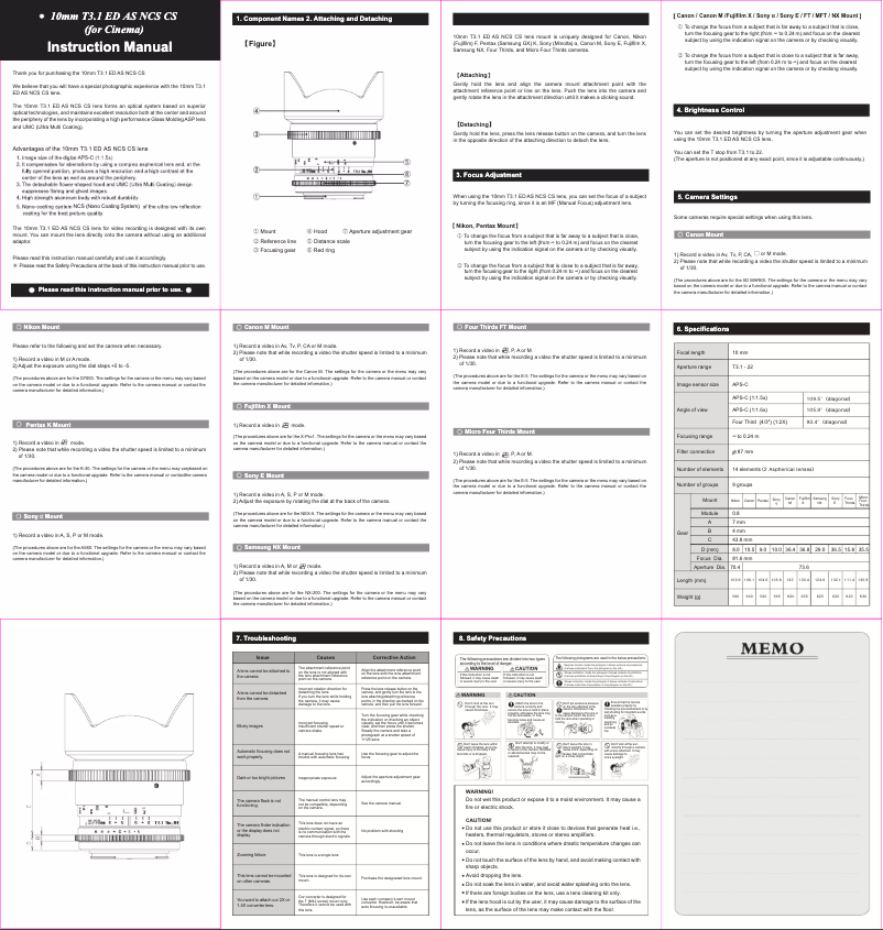 Page n°1 - Manuel utilisateur Rokinon Cine DS DS10M-S