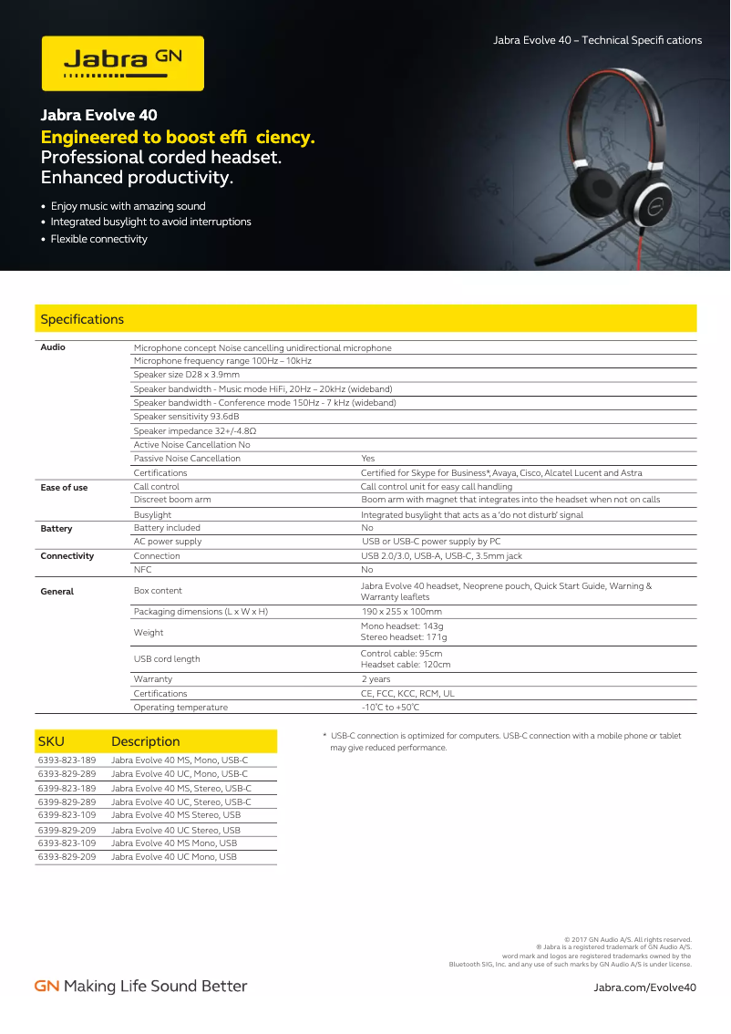Page n°1 - Fiche technique Jabra Evolve 40