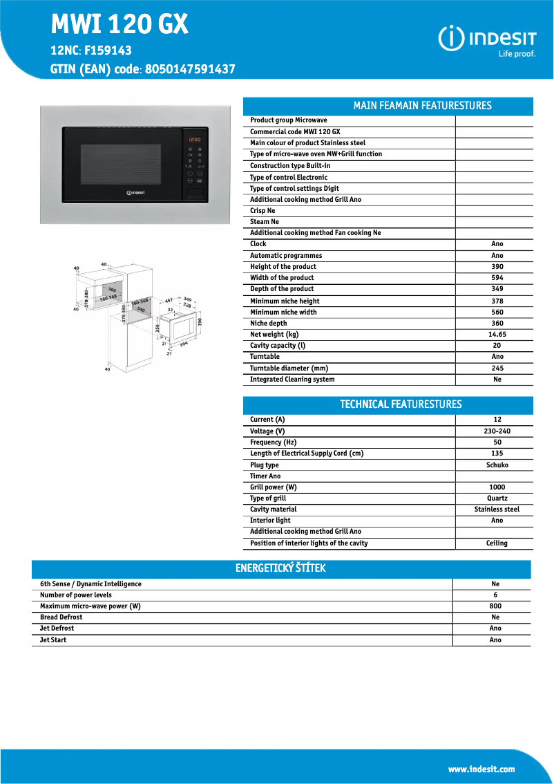 Page n°1 - Fiche technique Indesit MWI 120 GX