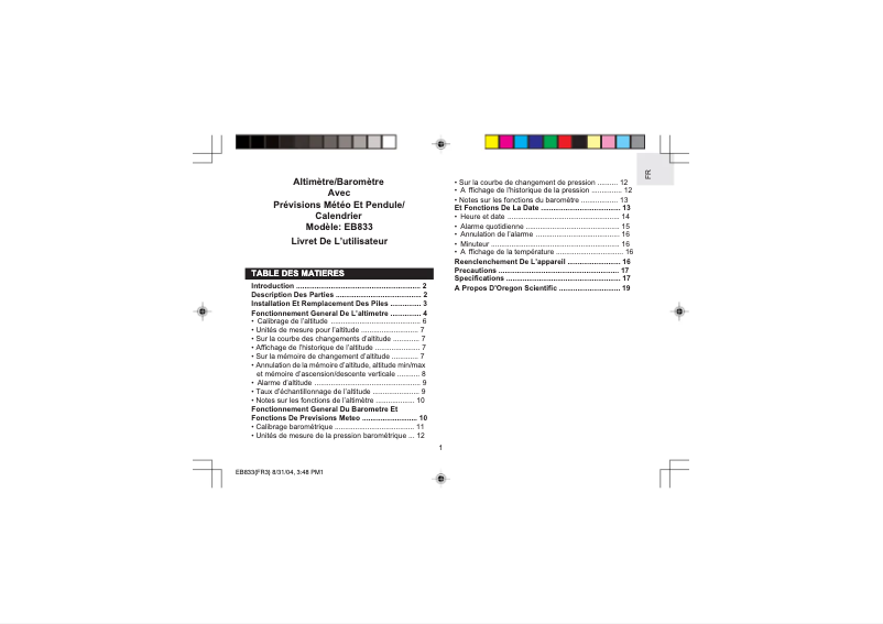 Page 1 de la notice Manuel utilisateur Oregon Scientific EB833