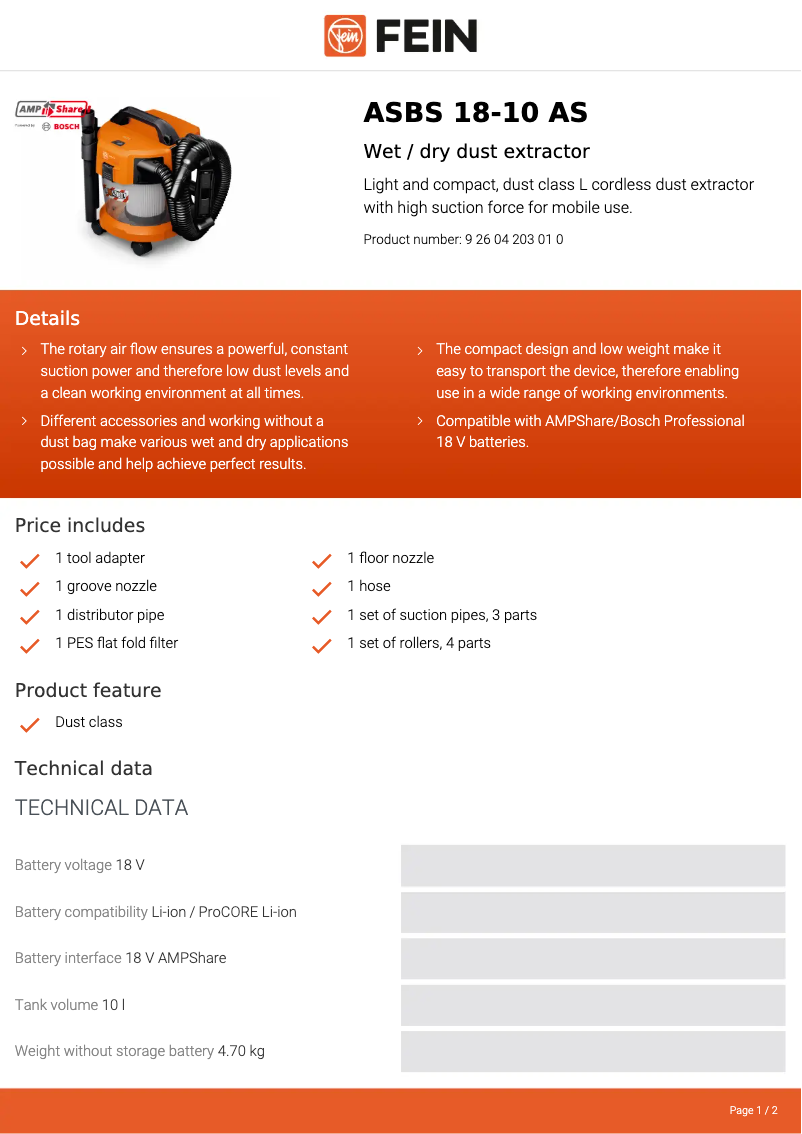 Página 1 del manual Ficha técnica Fein ASBS 18-10 AS