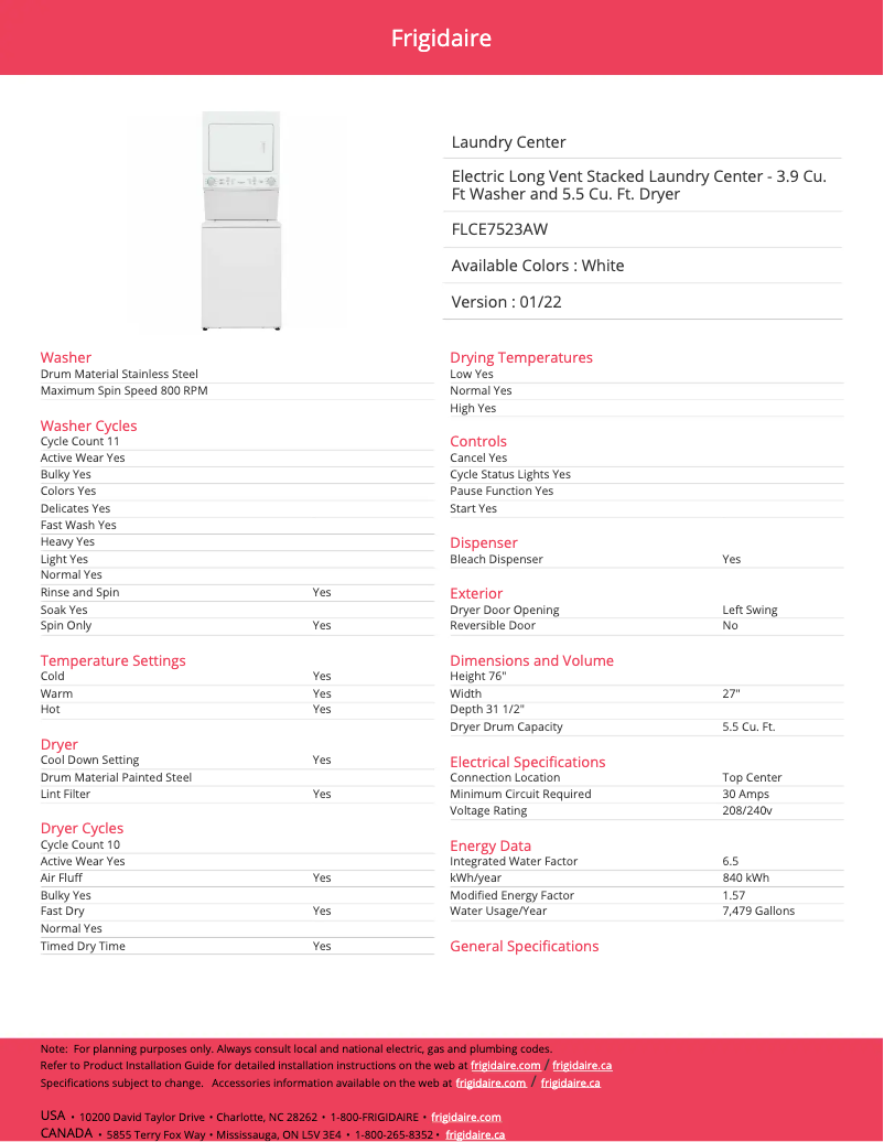 Page 1 de la notice Fiche technique Frigidaire FLCE7523AW