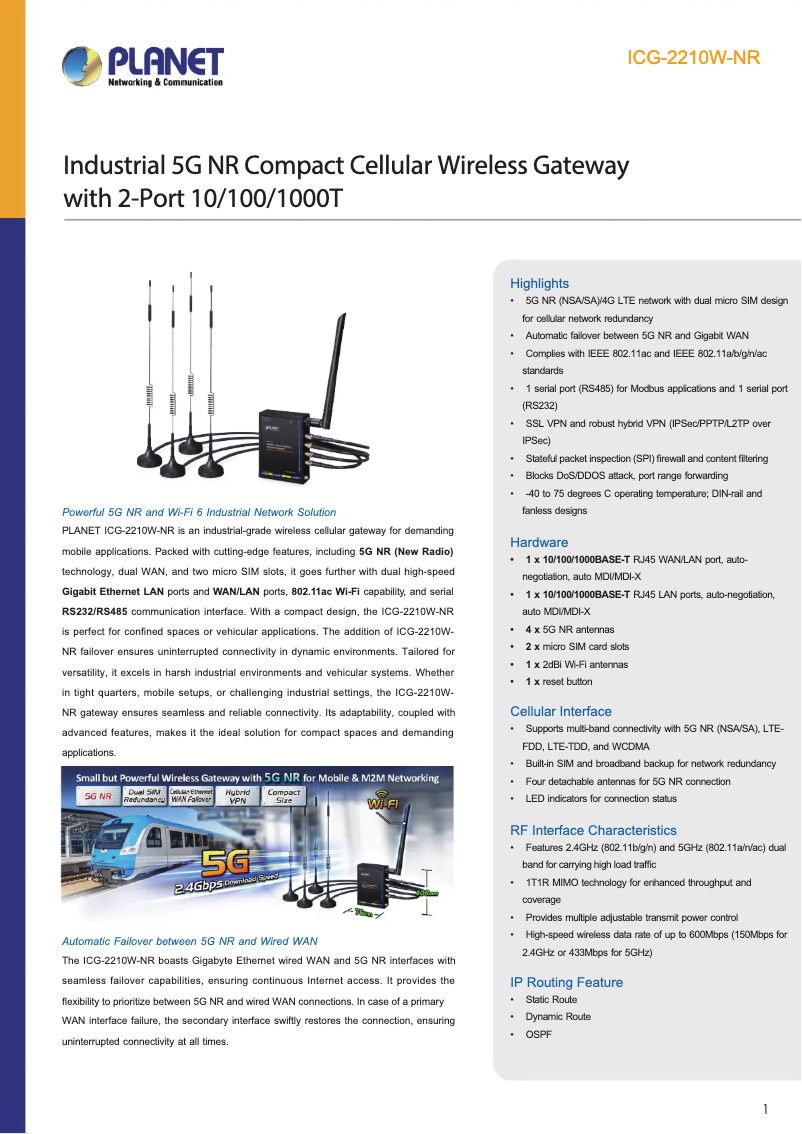 Page n°1 - Fiche technique Planet ICG-2210W-NR