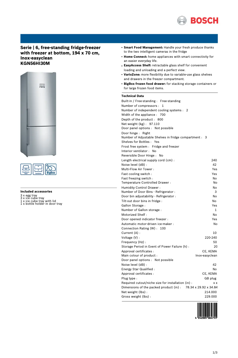 Page 1 de la notice Manuel utilisateur Bosch KGN56HI30M