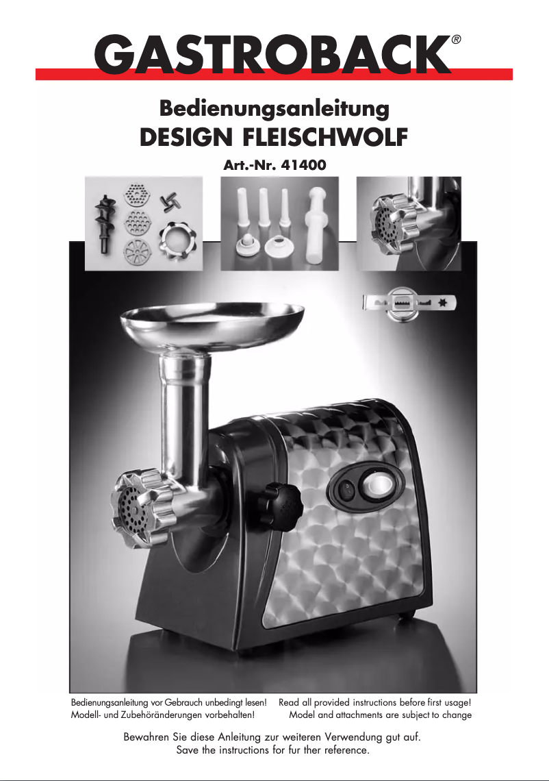 Page 1 de la notice Manuel utilisateur Gastroback Design Mincer 41400