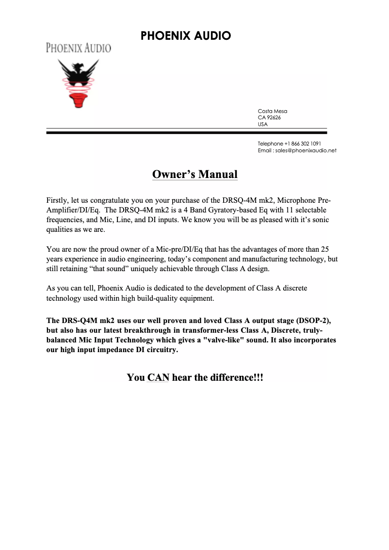 Page 1 de la notice Manuel utilisateur Phoenix Audio DRS-Q4M