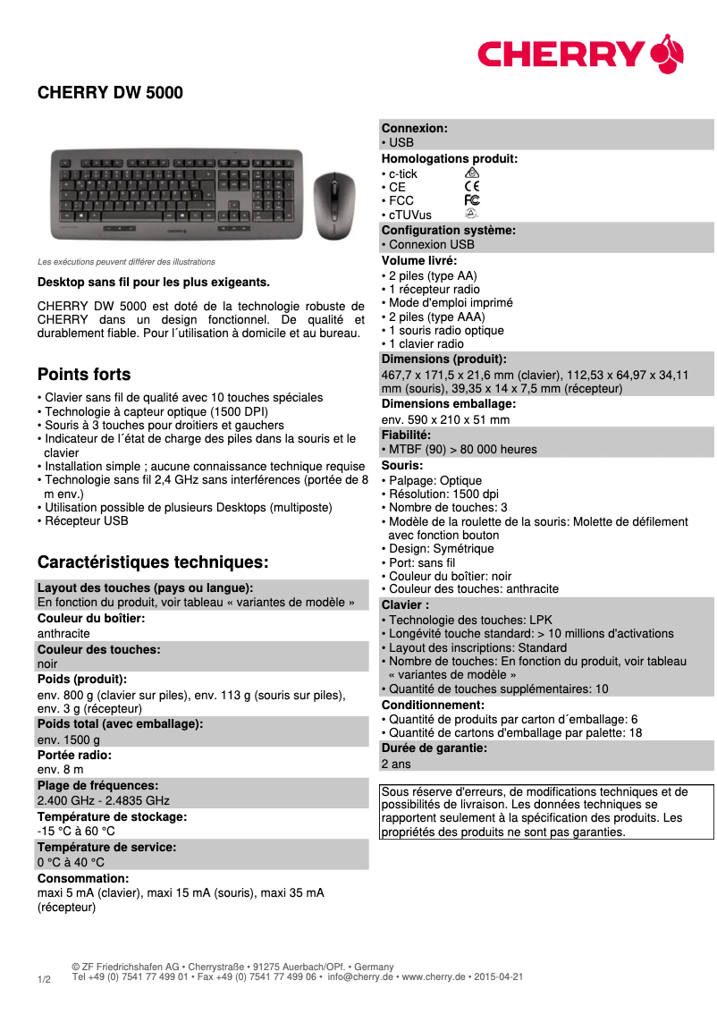 Page 1 de la notice Fiche technique Cherry DW 5000