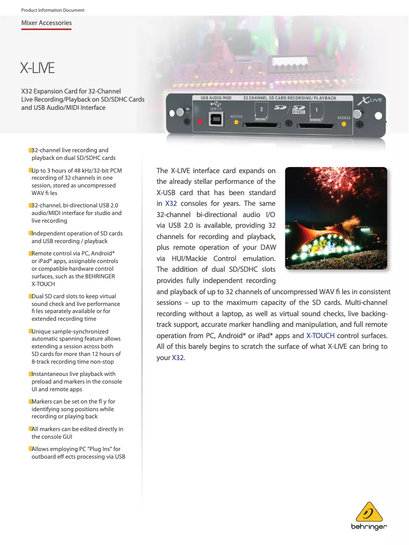 Page 1 de la notice Fiche technique Behringer X-LIVE