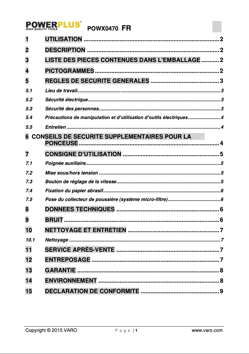Page 1 de la notice Manuel utilisateur PowerPlus POWX0470