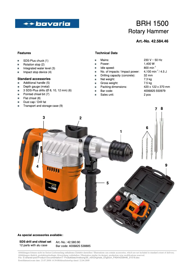 Page n°1 - Fiche technique Bavaria BRH 1500