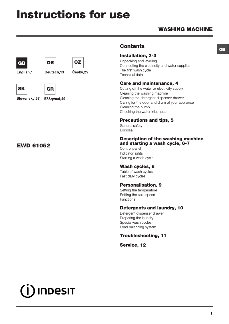 Page 1 de la notice Manuel utilisateur Indesit EWD 61052 W EU