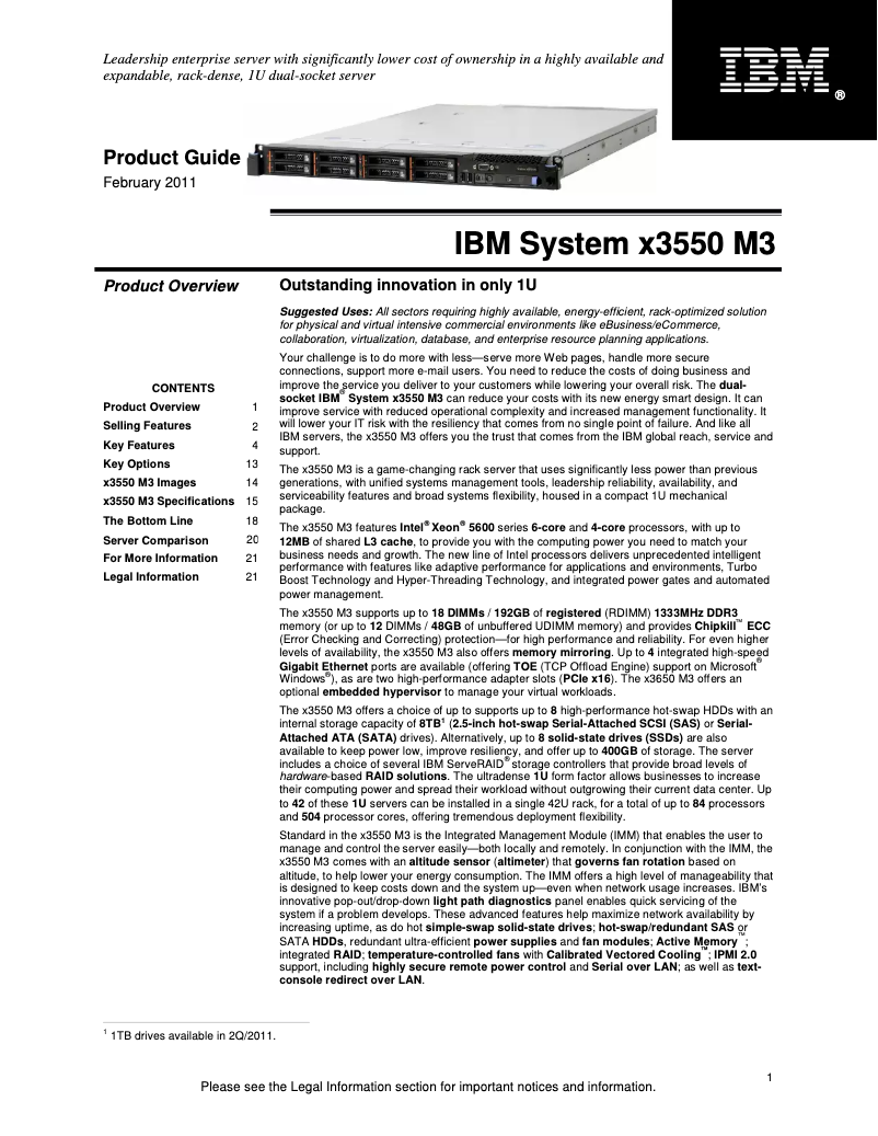 Page n°1 - Manuel utilisateur IBM eServer x3550 M3