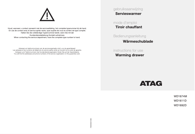 Page 1 de la notice Manuel utilisateur Atag WD1692D