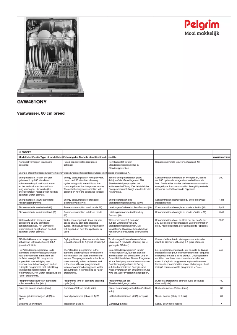 Page n°1 - Fiche technique Pelgrim GVW461ONY
