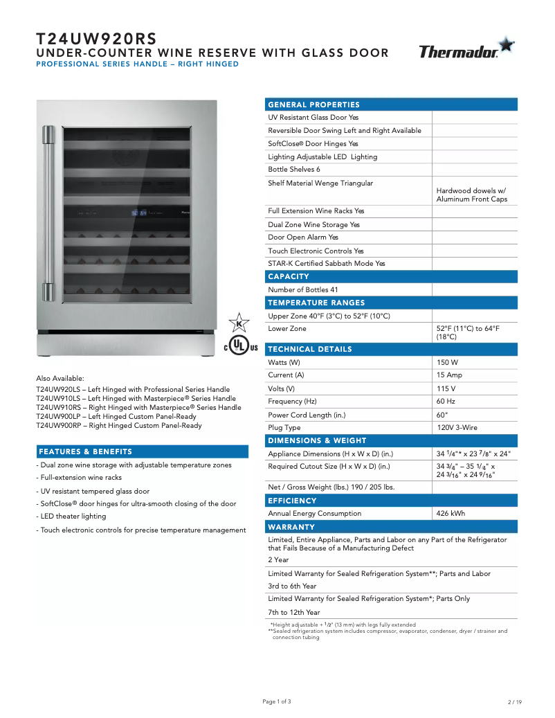 Page 1 de la notice Fiche technique Thermador T24UW920RS