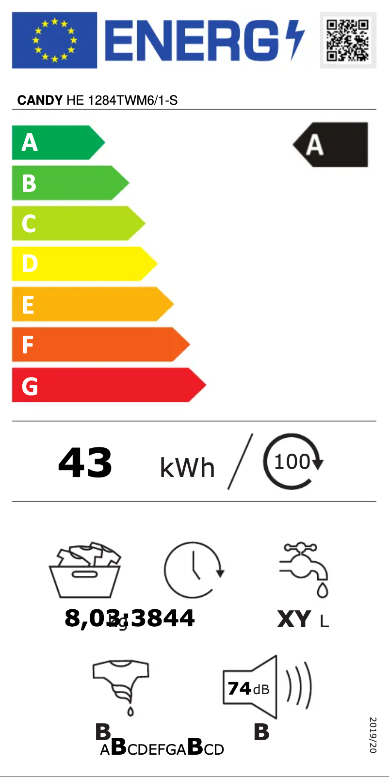 Page n°1 - Label énergétique Candy HE 1284TWM6/1-S