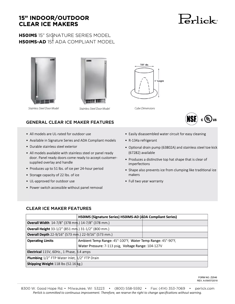 Page 1 de la notice Fiche technique Perlick H50IMW-AD