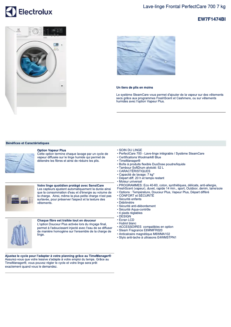 Page 1 de la notice Fiche technique Electrolux EW7F1474BI