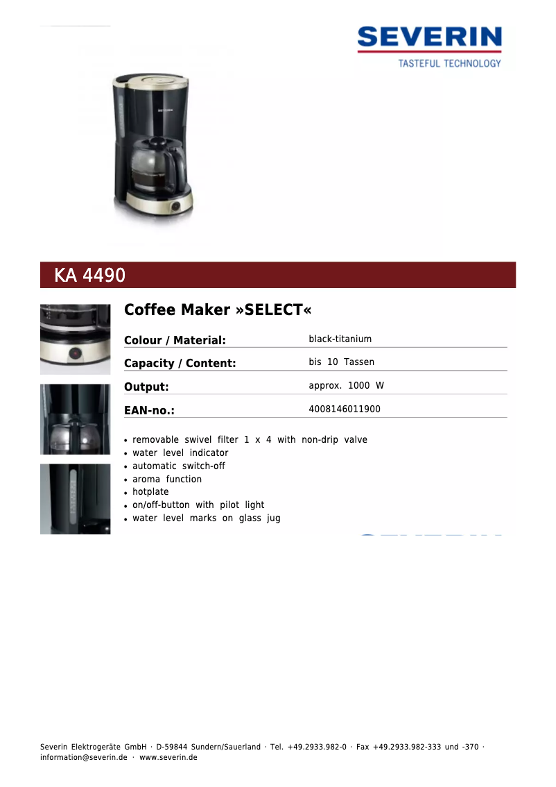 Page 1 de la notice Fiche technique Severin KA 4490
