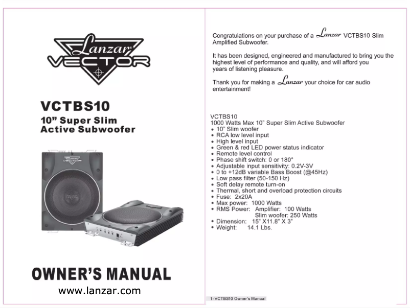 Page 1 de la notice Manuel utilisateur Lanzar VCTBS10