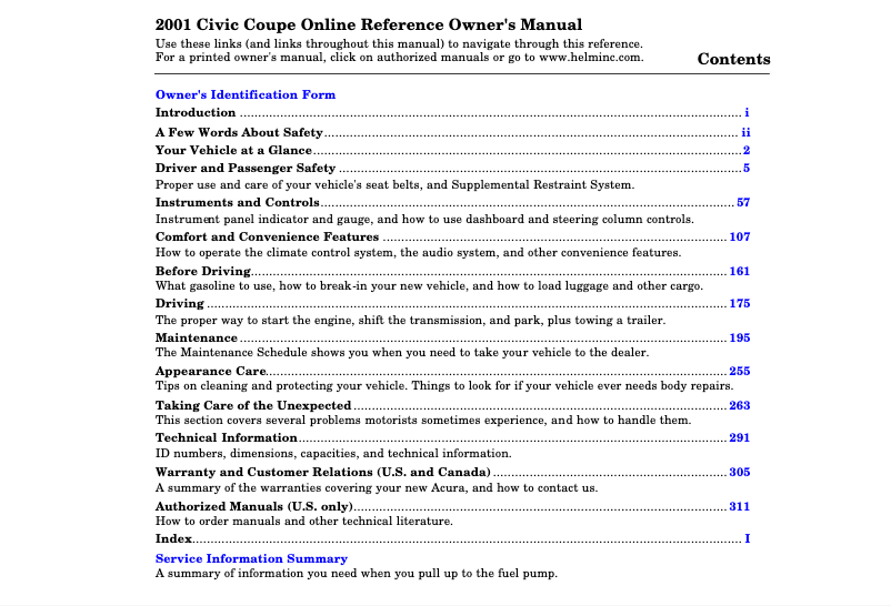 Image de la première page du manuel de l'appareil Civic Coupe (2001)