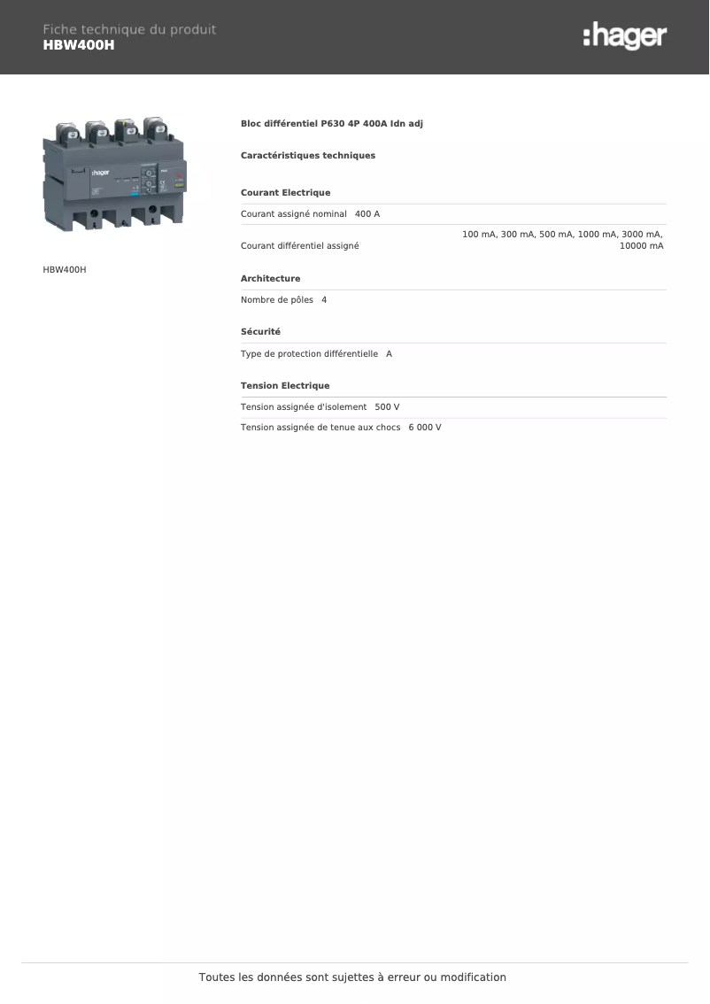 Page n°1 - Fiche technique Hager HBW400H