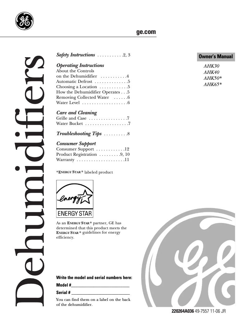 Page 1 de la notice Manuel d'utilisation et d'entretien GE AHK65LK