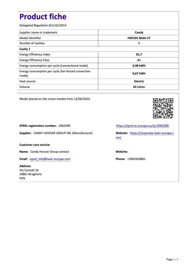 Page 1 de la notice Fiche technique Candy FMCIDC B626 L