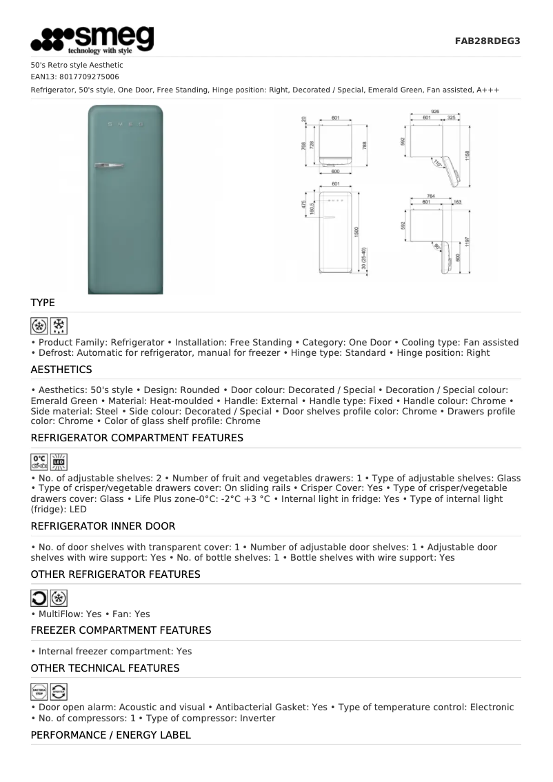 Page n°1 - Fiche technique Smeg FAB28RDEG3
