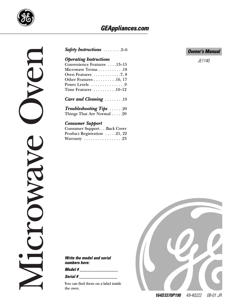 Page 1 de la notice Manuel utilisateur GE JE1140BD