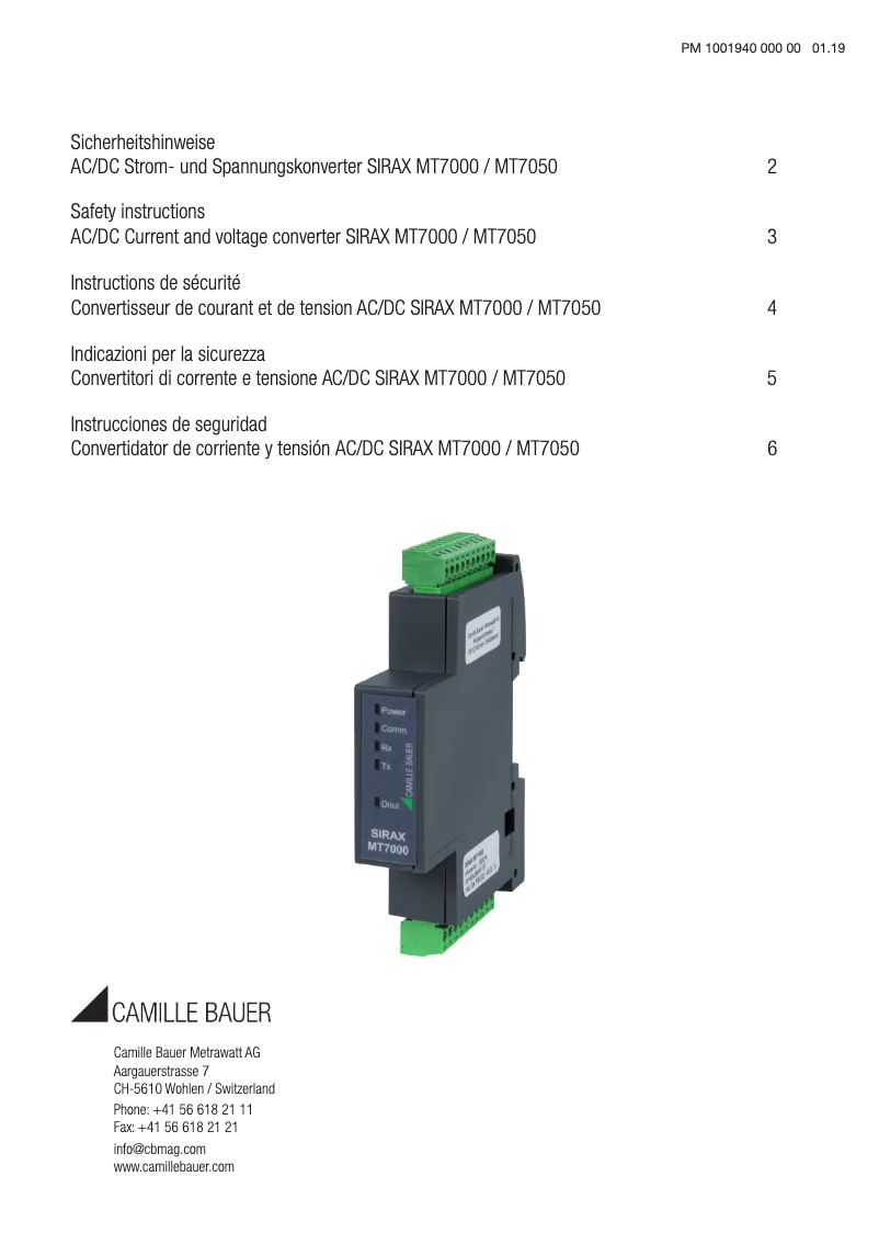 Page 1 of the manual Safety Instructions Camille Bauer SIRAX MT7000