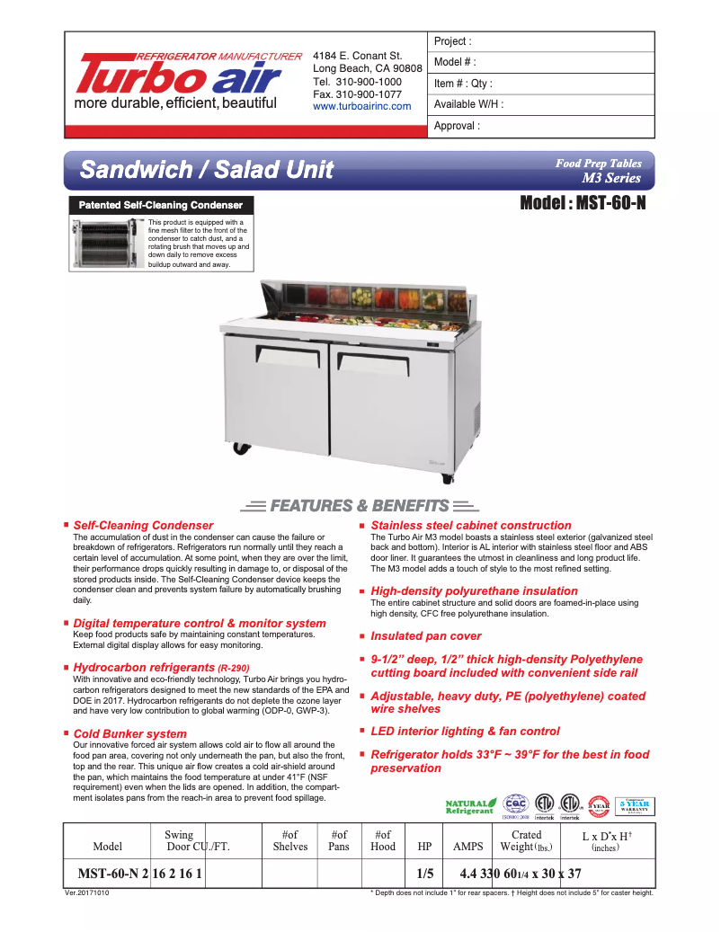 Page 1 de la notice Fiche technique Turbo air MST-60