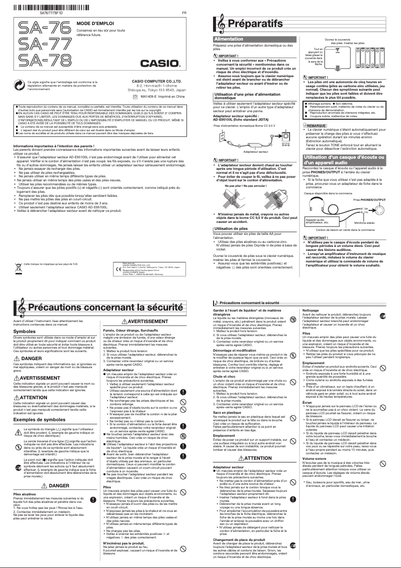 Image de la première page du manuel de l'appareil SA-77