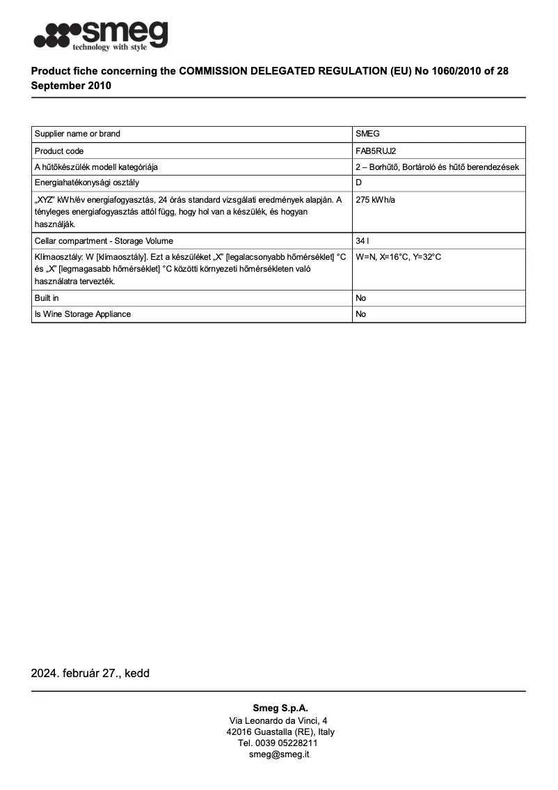 Page 1 de la notice Fiche technique Smeg FAB5RUJ2