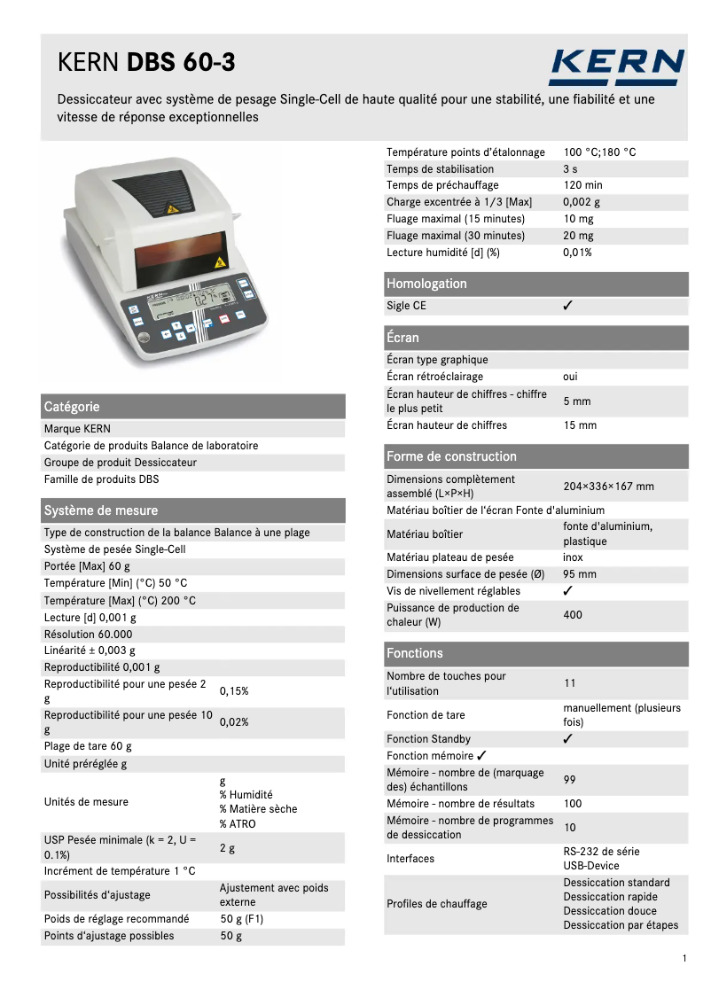Page 1 de la notice Fiche technique Kern DBS 60-3
