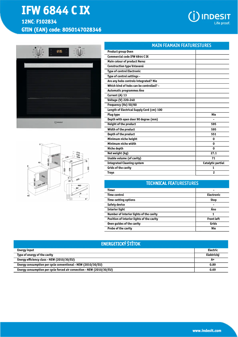 Page 1 de la notice Fiche technique Indesit IFW 6844 C IX