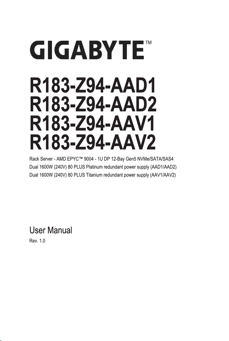 Page n°1 - Manuel utilisateur Gigabyte R183-Z94
