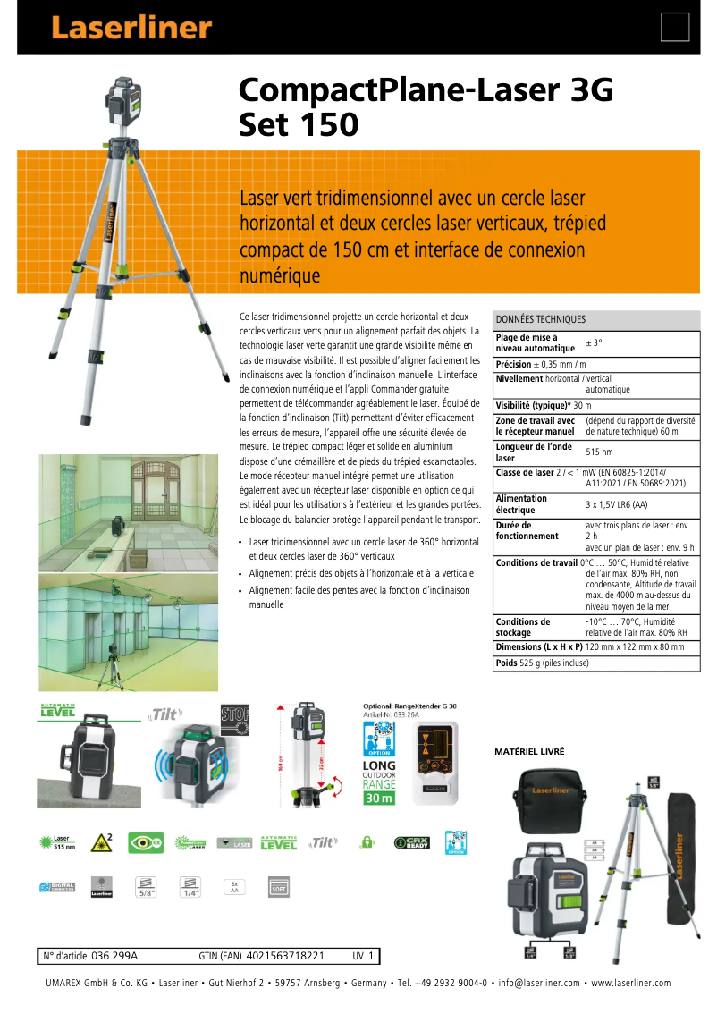 Page 1 de la notice Fiche technique Laserliner CompactPlane-Laser 3G