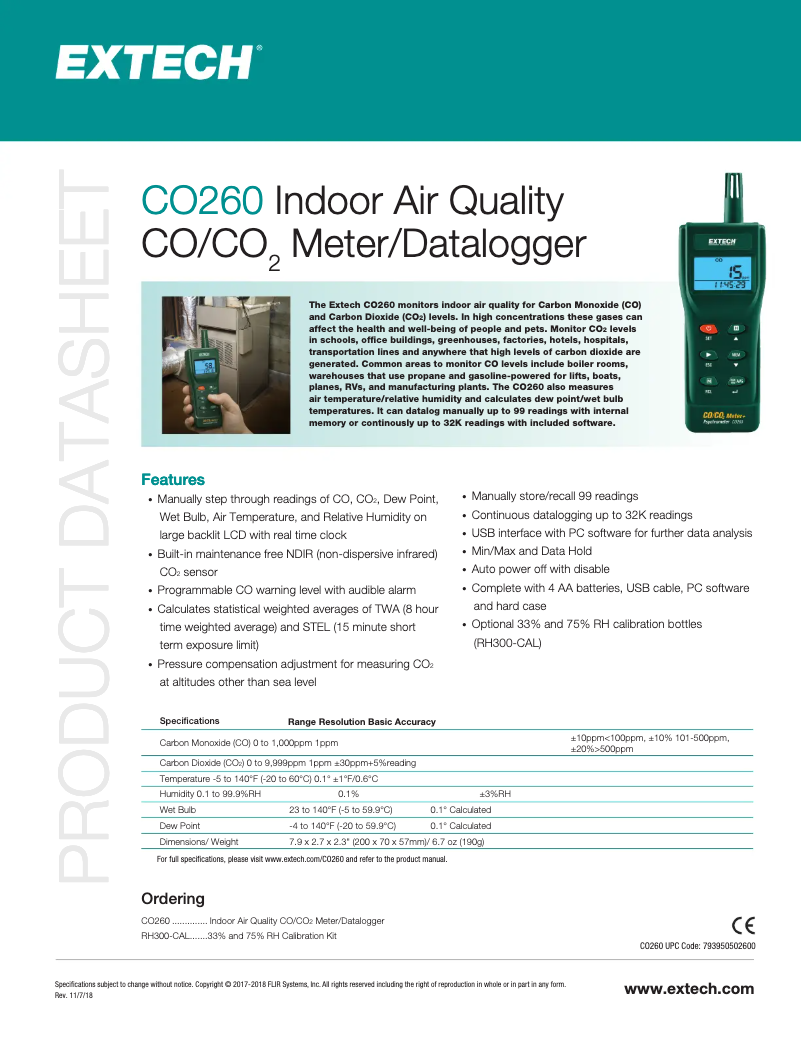 Page 1 de la notice Fiche technique Extech CO260