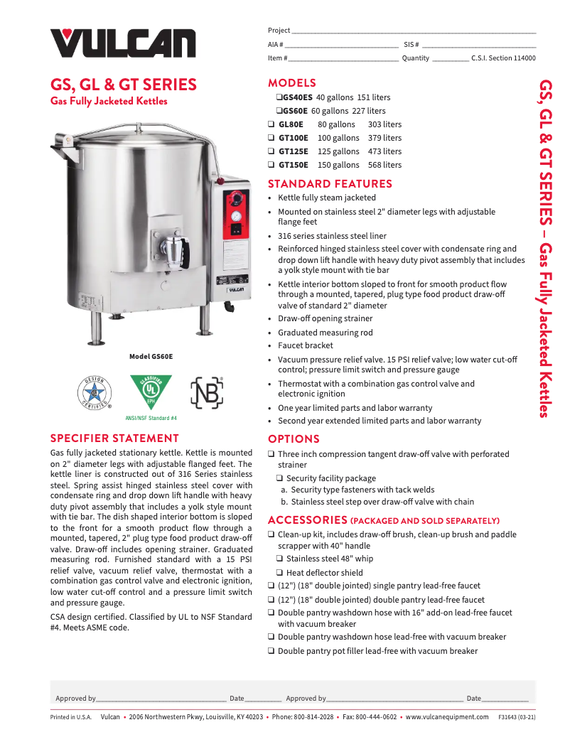 Page 1 de la notice Fiche technique Vulcan GS60E