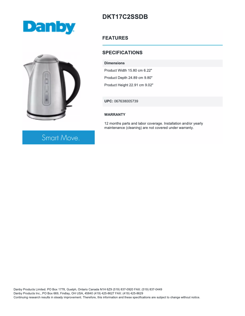 Page 1 de la notice Fiche technique Danby DKT17C2