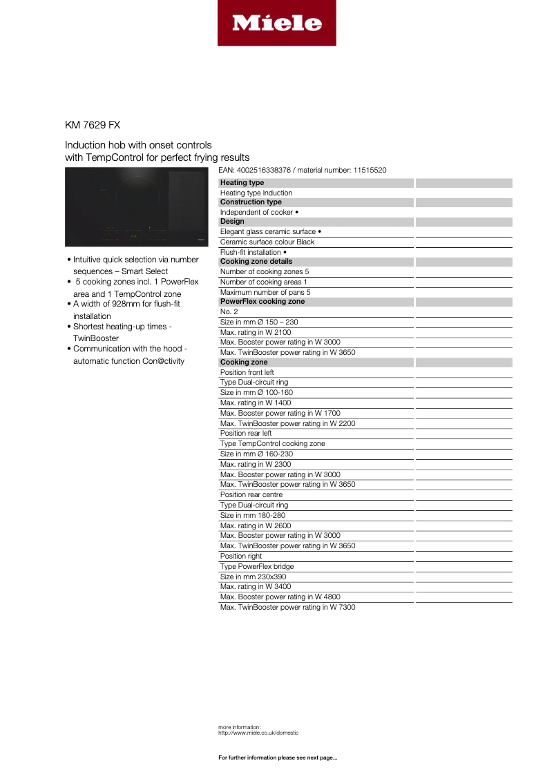 Page 1 de la notice Fiche technique Miele KM 7629 FX