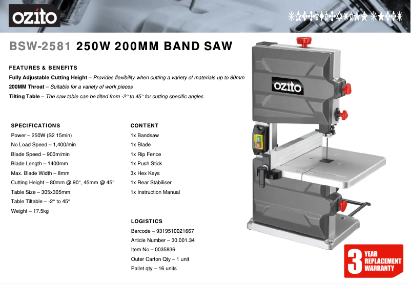 Page n°1 - Fiche technique Ozito BSW-2581