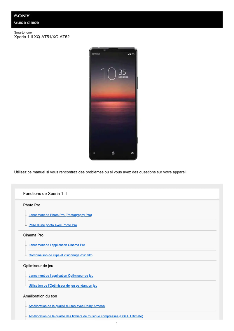 Image de la première page du manuel de l'appareil Xperia 1 II