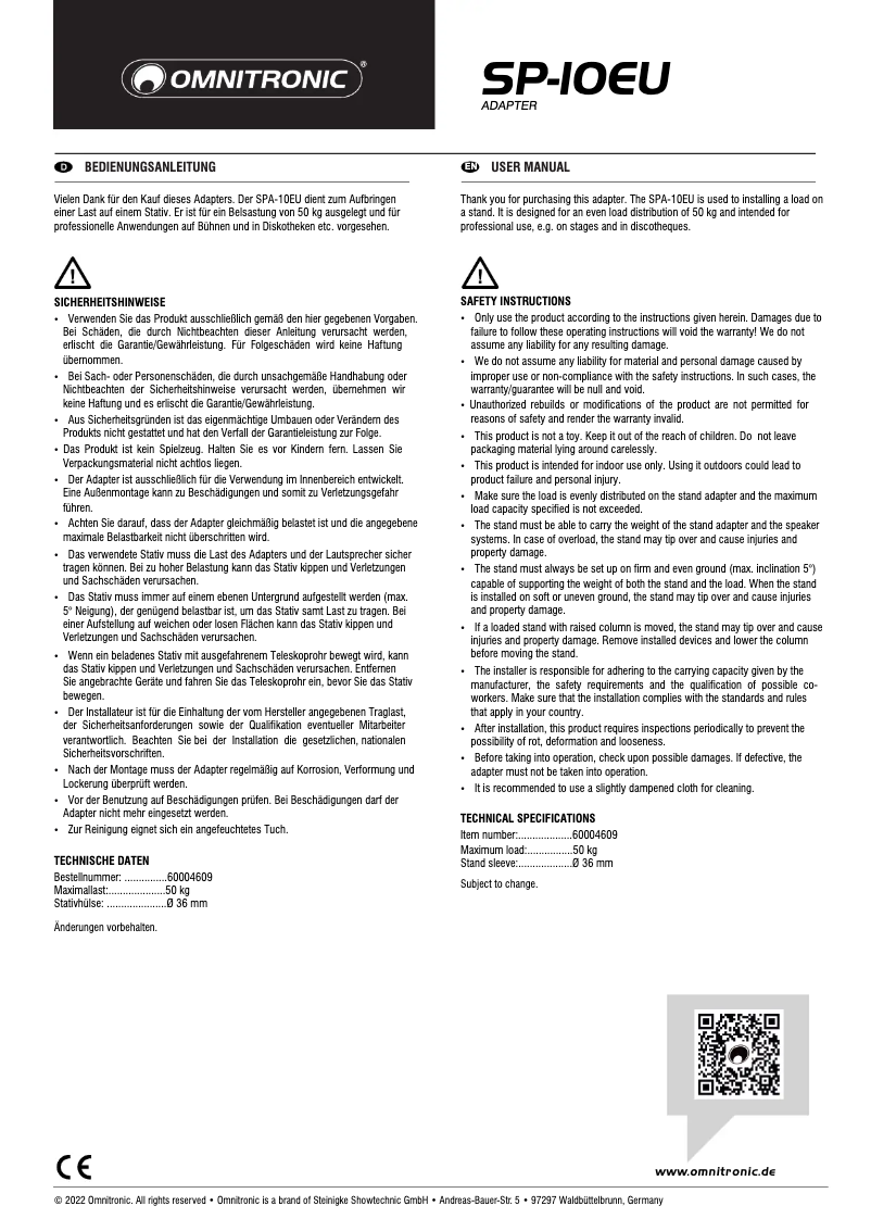Page 1 de la notice Manuel utilisateur Omnitronic SPA-10EU
