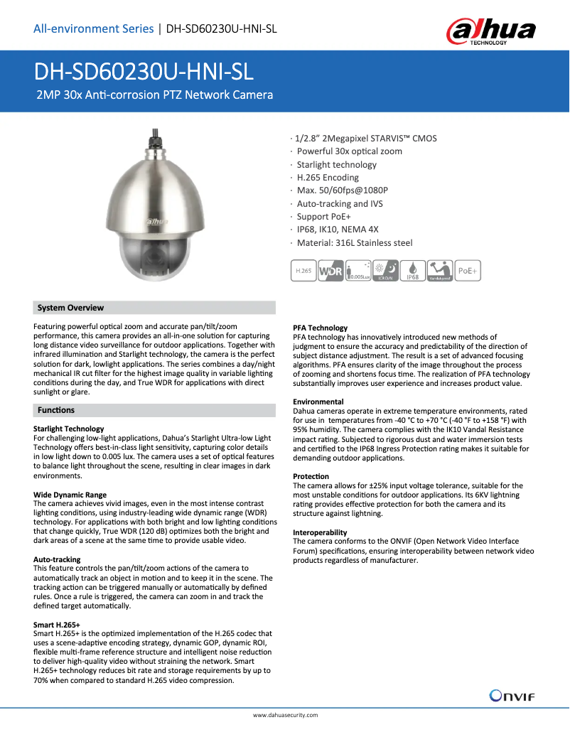 Page 1 de la notice Fiche technique Dahua Technology SD60230U-HNI-SL