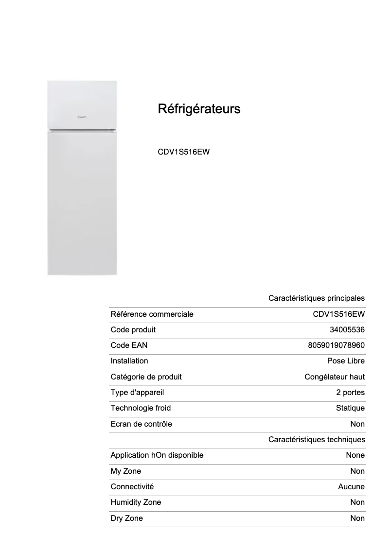 Page 1 de la notice Fiche technique Candy CDV1S516EW
