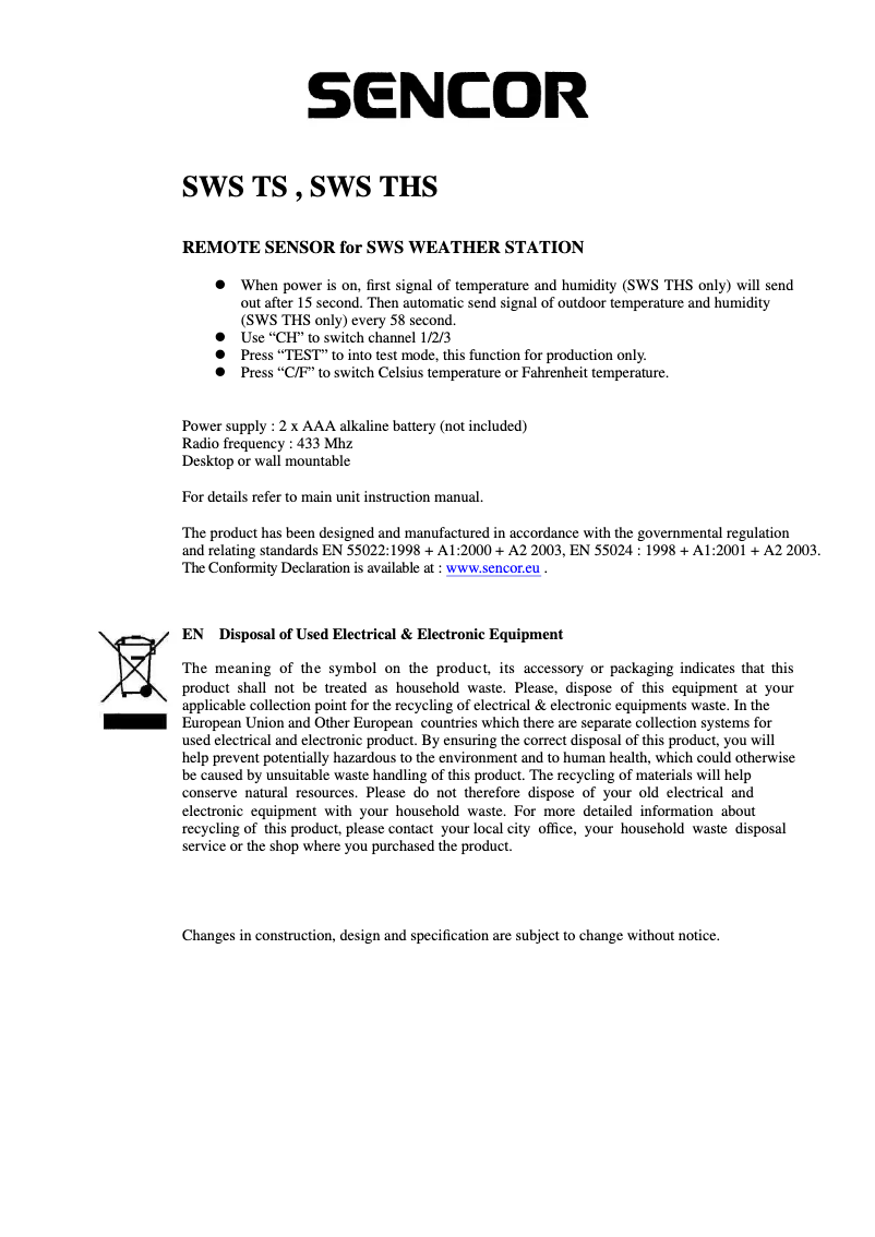 Página 1 del manual Manual de usuario Sencor SWS THS50