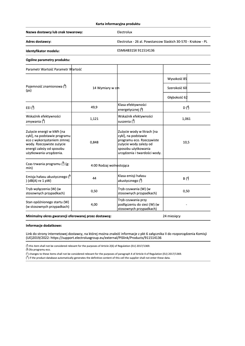Page 1 de la notice Fiche technique Electrolux ESM64831SX