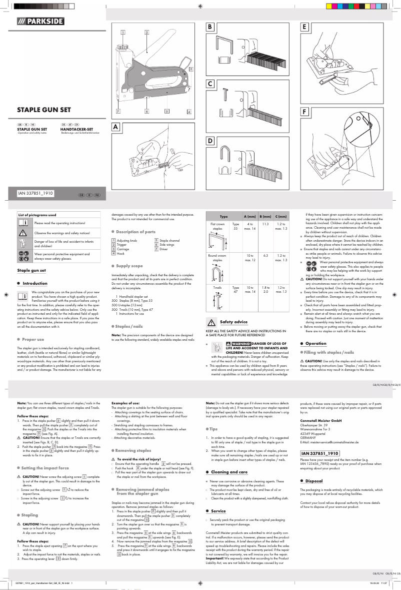Page n°1 - Manuel utilisateur Parkside IAN 337851